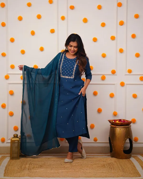 Dark_Blue_Rayon_Embroidered_Kurti_Pant_Dupatta_Set_For_Women_And_Girls