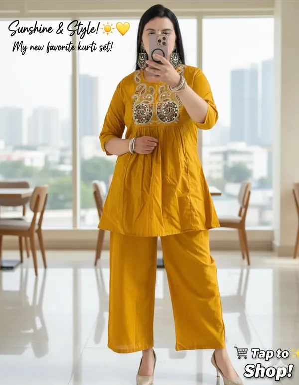 Yellow_Rayon_Embroidered_Kurti_Pant_Set_For_Women_And_Girls