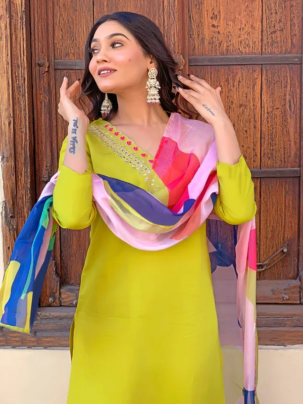 Lemon_Green_Rayon_Embroidered_Kurta_Pant_Dupatta_Set_For_Women_And_Girls