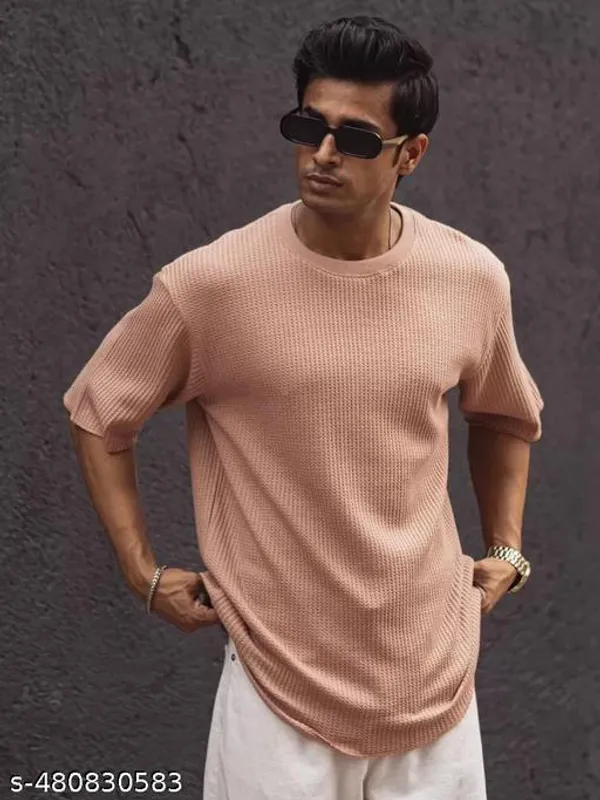 Peach_Cotton_Blend_Premium_Stripes_Half_Sleeve_T_Shirt_For_Men
