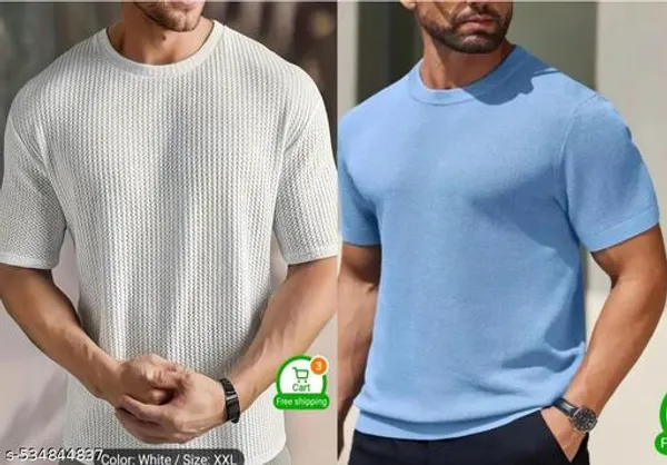 White_And_Sky_Blue_Cotton_Blend_Premium_T_Shirt_For_Men