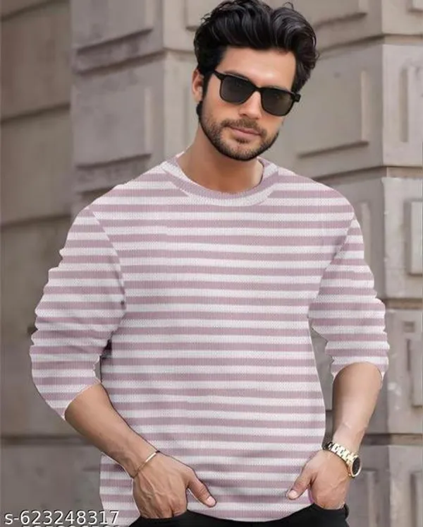 Pink_And_Green_Cotton_Blend_Premium_Winter_Full_Waffle_T_Shirt_For_Men