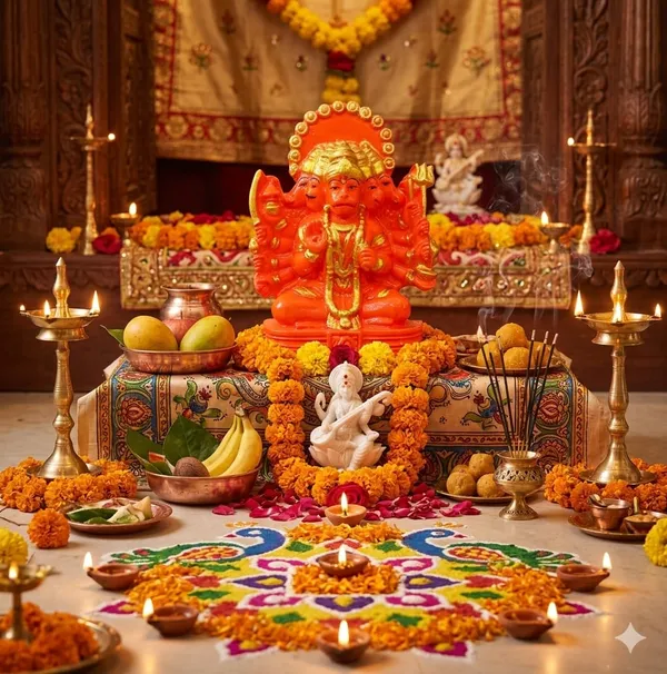 Panchmukhi_Hanuman_Idol_-_Handcrafted_Orange_&_Gold_Marble_Dust_Statue