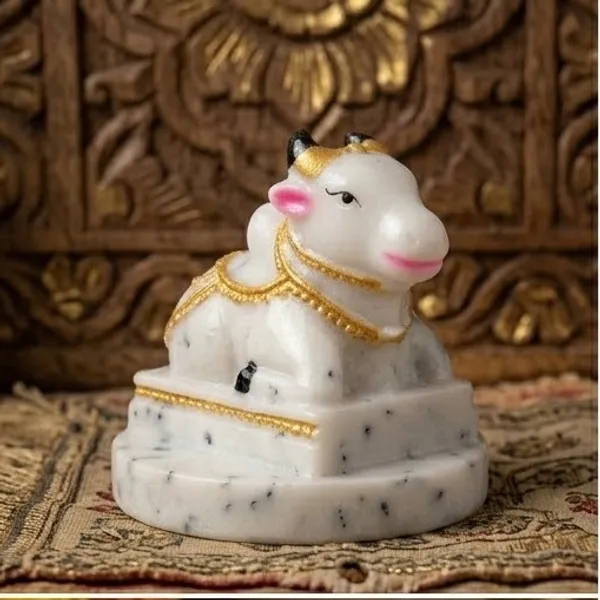 White_&_Gold_Sacred_Nandi_Bull_Idol_With_Accents_Marble_Finish