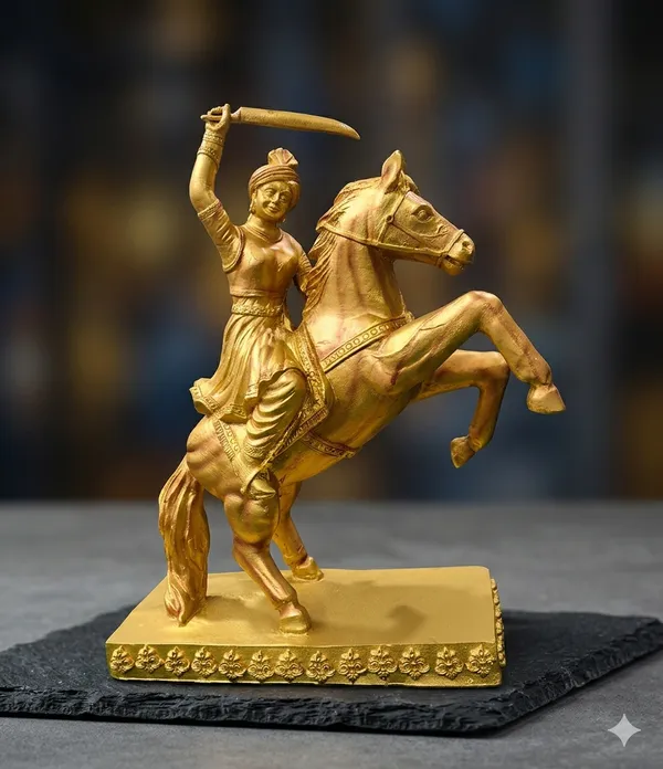 Veerangana_Jhalkari_Bai_Marble_Dust_Statue_–_Golden_Finish_Warrior_Idol_(30x20.5x10cm)_|