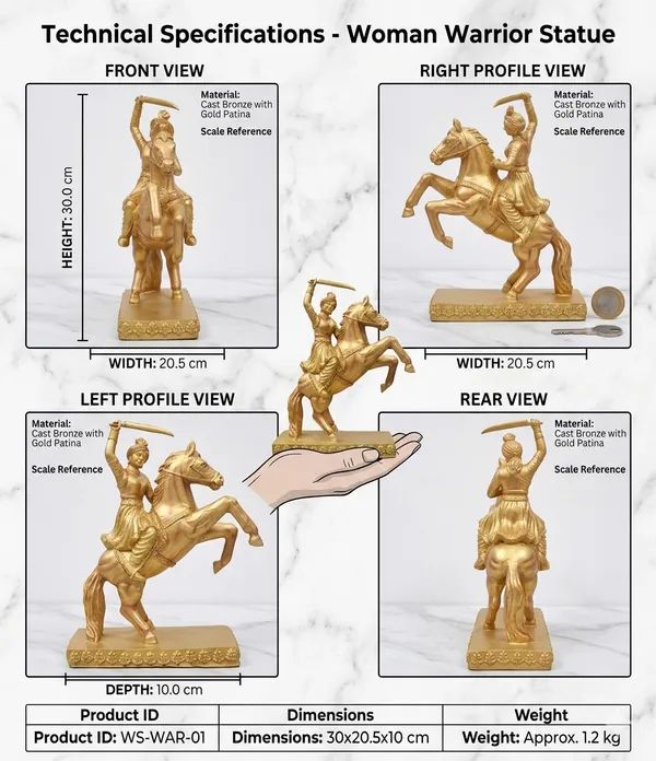 Veerangana_Jhalkari_Bai_Marble_Dust_Statue_–_Golden_Finish_Warrior_Idol_(30x20.5x10cm)_|
