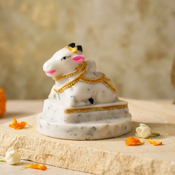 White_&_Gold_Sacred_Nandi_Bull_Idol_With_Accents_Marble_Finish