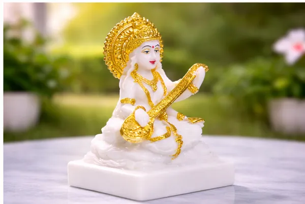 Saraswati_–_Handcrafted_White_Gold_Marble_Deity_Statue