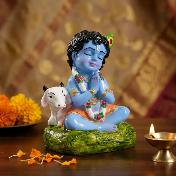 Multicolor_Lord_Krishna_Idol_Sitting_Posture_With_Cow