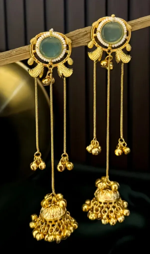 Traditional_Gold_Toned_Jadau_Jhumka_Earrings_With_Green_Stone_And_Long_Chain_Danglers_For_Women