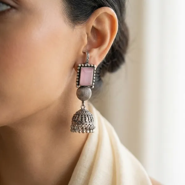 Oxidized_Silver_Tone_Jhumka_Earrings_With_Pink_Stone_For_Women