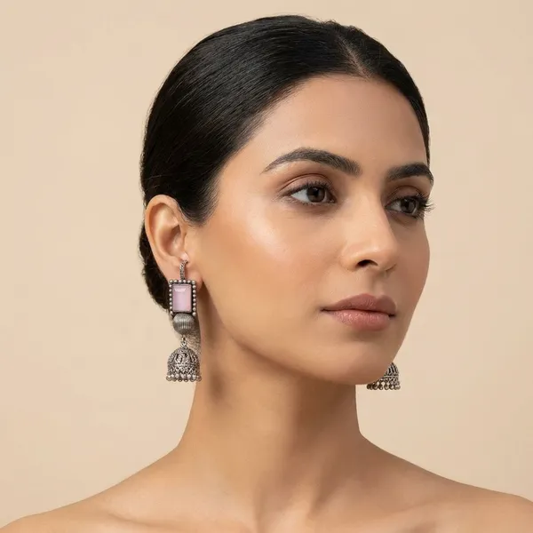 Oxidized_Silver_Tone_Jhumka_Earrings_With_Pink_Stone_For_Women