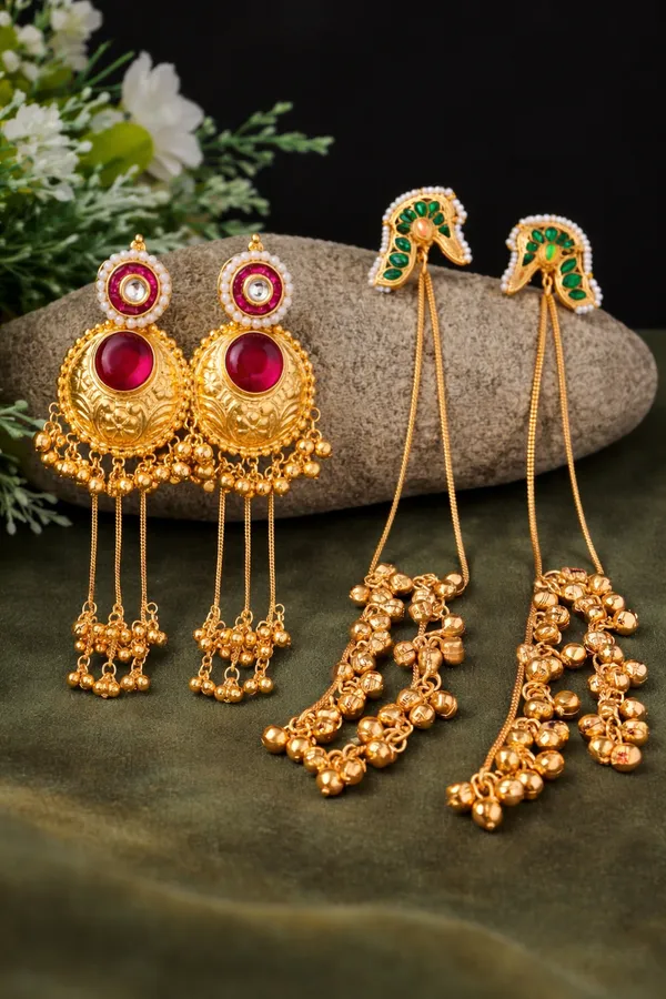 Gold_Plated_Kundan_Chandbali_Earrings_with_Ruby_Stone,_Pearl_Detailing__And__Traditional_Mango_Design_Kundan_Earrings_with_Golden_Beaded_Chain_Danglers_for_Women_Pack_Of_2