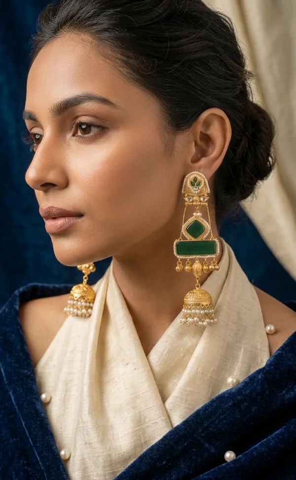 Traditional_Gold_Toned_Kundan_Jhumka_Earrings_With_Green_Stone_And_Pearl_Drops_For_Women