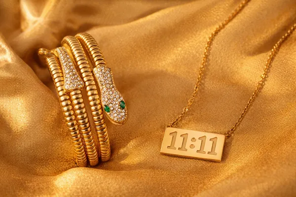 Angel_Number_Gold_Toned_Rectangular_Pendant_Necklace__And__Snake_Head_Bangle_Bracelet_with_Crystal_Embellishments_for_Women_Pack_Of_2