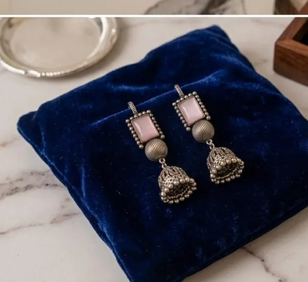 Golden_Beaded_Necklace__And__Oxidized_Silver_Jhumka_Earrings_with_Pink_Stone_for_Women_Pack_Of_2