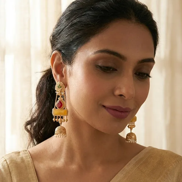 Traditional_Gold_Toned_Temple_Jhumka_Earrings_With_Ruby_And_Pearl_Detailing_For_Women