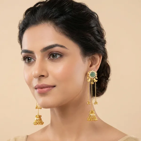 Traditional_Gold_Toned_Jadau_Jhumka_Earrings_With_Green_Stone_And_Long_Chain_Danglers_For_Women