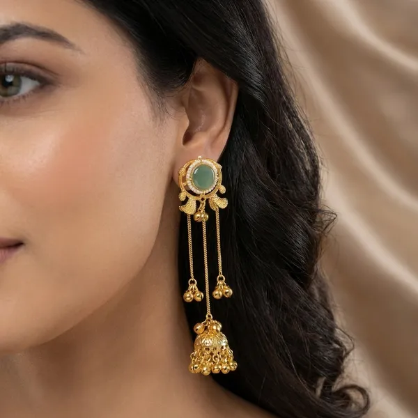 Traditional_Gold_Toned_Jadau_Jhumka_Earrings_With_Green_Stone_And_Long_Chain_Danglers_For_Women