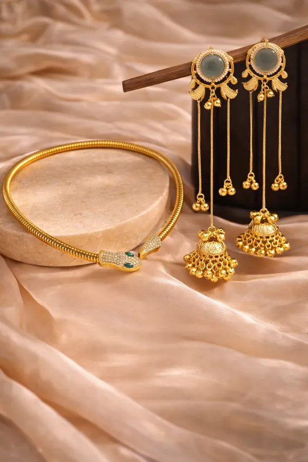 Traditional_Gold_Toned_Jadau_Jhumka_Earrings_with_Green_Stone_and_Long_Chain_Danglers__And__Snake_Head_Bangle_Bracelet_with_Crystal_Embellishments_for_Women_Pack_Of_2