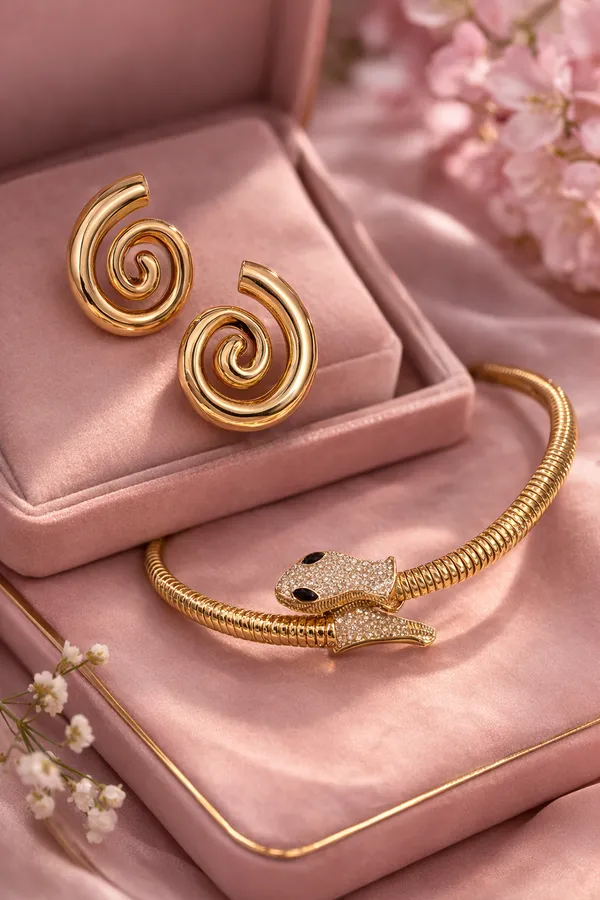 Gold_Toned_Snake_Choker_Necklace_with_Crystal_Detailing__And__Golden_Spiral_Stud_Earrings_for_Women_Pack_Of_2