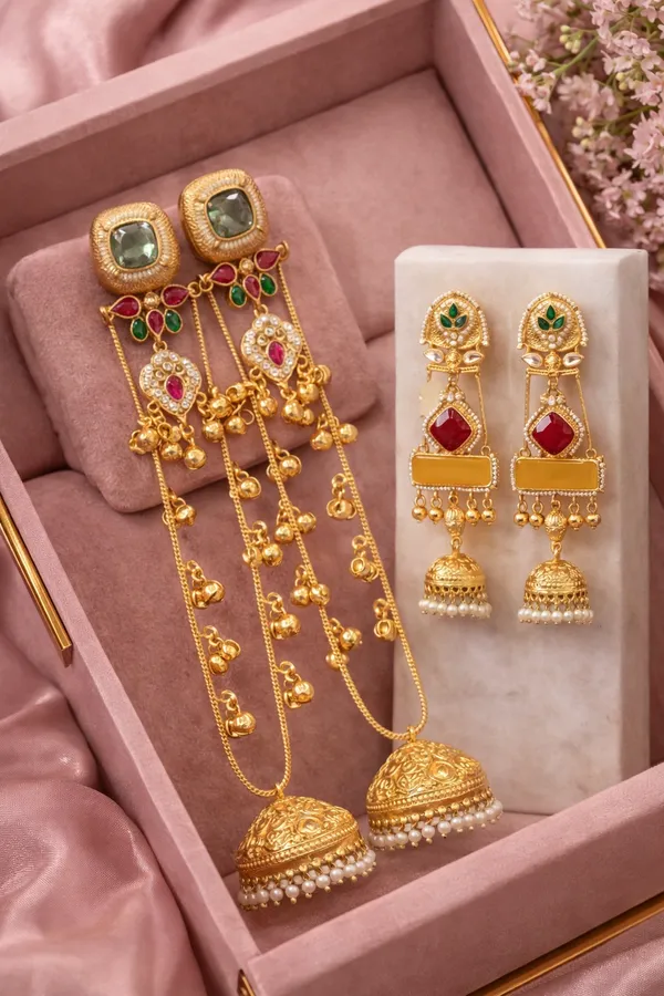 Traditional_Gold_Toned_Temple_Jhumka_Earrings_with_Ruby__And__Pearl_Detailing__And__Exquisite_Handcrafted_Gold_Jewelry_Set_with_Traditional_Indian_Jhumka_Earrings_for_Women_Pack_Of_2