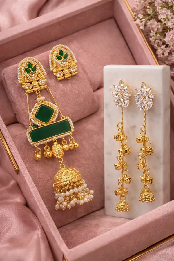 Elegant_Crystal_Leaf_Gold_Drop_Earrings_with_Jhumka_Bells__And__Traditional_Gold_Toned_Kundan_Jhumka_Earrings_with_Green_Stone_and_Pearl_Drops_for_Women_Pack_Of_2
