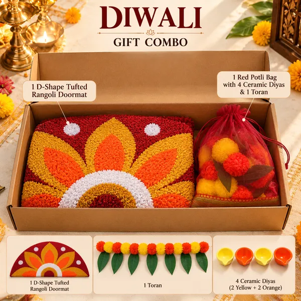 Diwali_Home_Decor_Gift_Combo_with_1_Tufted_Rangoli_Doormat,_4_Ceramic_Diyas_&_1_Traditional_Toran,_Festive_Home_Entrance_Decoration_Set