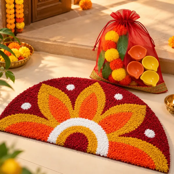 Diwali_Home_Decor_Gift_Combo_with_1_Tufted_Rangoli_Doormat,_4_Ceramic_Diyas_&_1_Traditional_Toran,_Festive_Home_Entrance_Decoration_Set