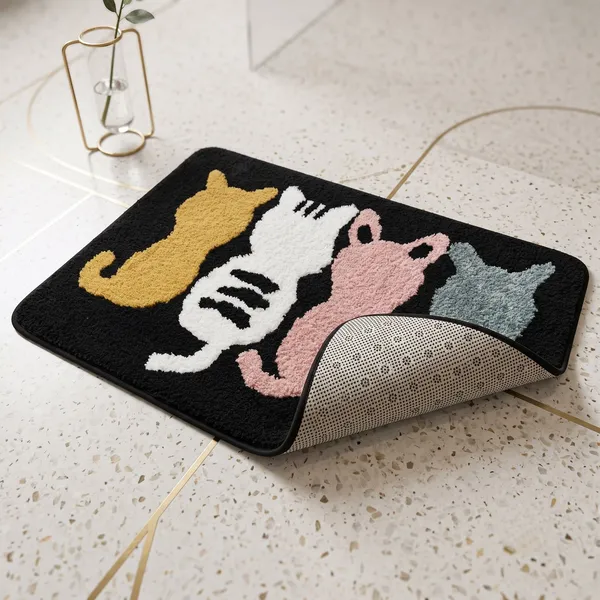 Orevah_4_Cats_Printed_Microfiber_Doormat_|_Ultra_Soft_Anti-Skid_Rectangle_Mat_|_Black_|_16_x_24_Inches