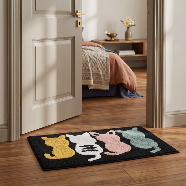 Orevah_4_Cats_Printed_Microfiber_Doormat_|_Ultra_Soft_Anti-Skid_Rectangle_Mat_|_Black_|_16_x_24_Inches