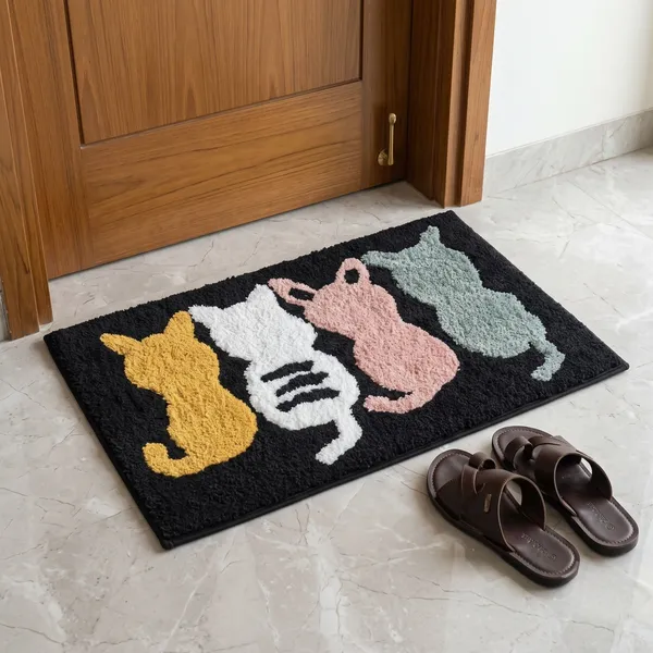 Orevah_4_Cats_Printed_Microfiber_Doormat_|_Ultra_Soft_Anti-Skid_Rectangle_Mat_|_Black_|_16_x_24_Inches
