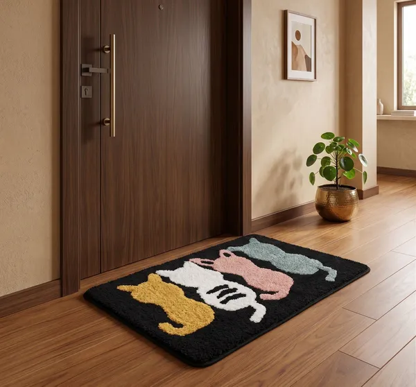 Orevah_4_Cats_Printed_Microfiber_Doormat_|_Ultra_Soft_Anti-Skid_Rectangle_Mat_|_Black_|_16_x_24_Inches