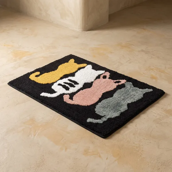 Orevah_4_Cats_Printed_Microfiber_Doormat_|_Ultra_Soft_Anti-Skid_Rectangle_Mat_|_Black_|_16_x_24_Inches