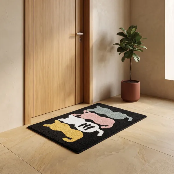 Orevah_4_Cats_Printed_Microfiber_Doormat_|_Ultra_Soft_Anti-Skid_Rectangle_Mat_|_Black_|_16_x_24_Inches