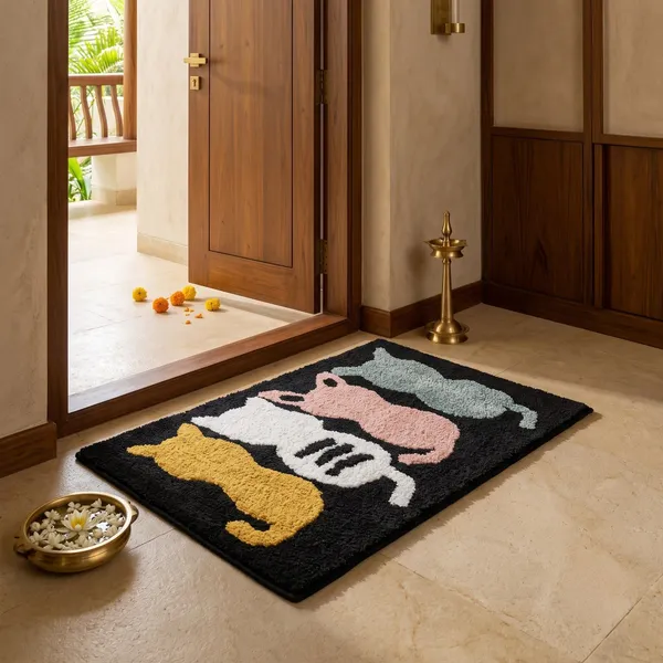 Orevah_4_Cats_Printed_Microfiber_Doormat_|_Ultra_Soft_Anti-Skid_Rectangle_Mat_|_Black_|_16_x_24_Inches