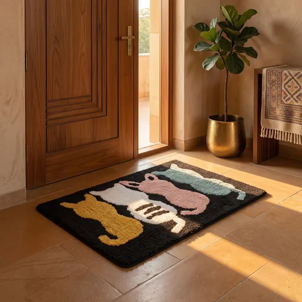 Orevah_4_Cats_Printed_Microfiber_Doormat_|_Ultra_Soft_Anti-Skid_Rectangle_Mat_|_Black_|_16_x_24_Inches