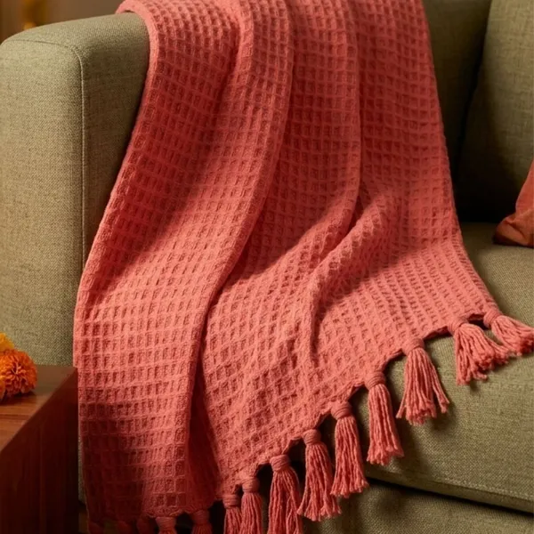 Orevah_Pure_Cotton_Waffle_Knit_Throw_Blanket_with_Tassels_|_Soft_Pink_Sofa_&_Bed_Throw_|_60_x_50_Inches