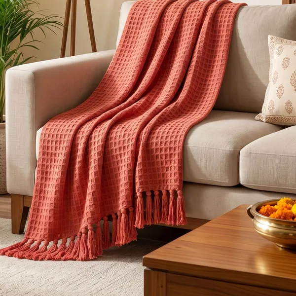 Orevah_Pure_Cotton_Waffle_Knit_Throw_Blanket_with_Tassels_|_Soft_Pink_Sofa_&_Bed_Throw_|_60_x_50_Inches