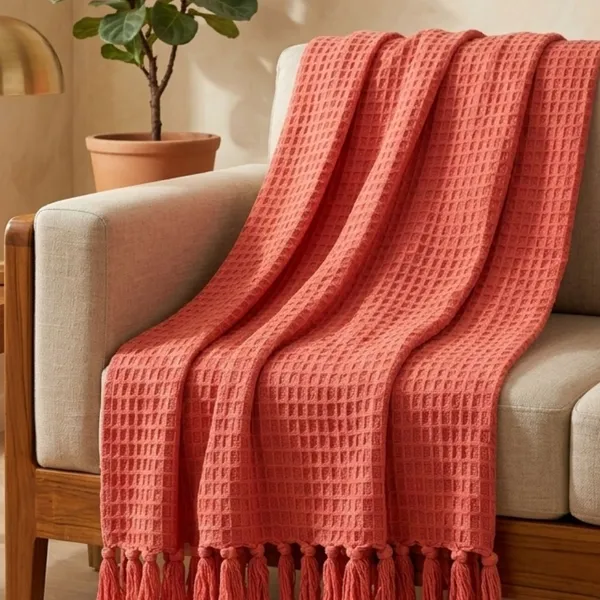 Orevah_Pure_Cotton_Waffle_Knit_Throw_Blanket_with_Tassels_|_Soft_Pink_Sofa_&_Bed_Throw_|_60_x_50_Inches