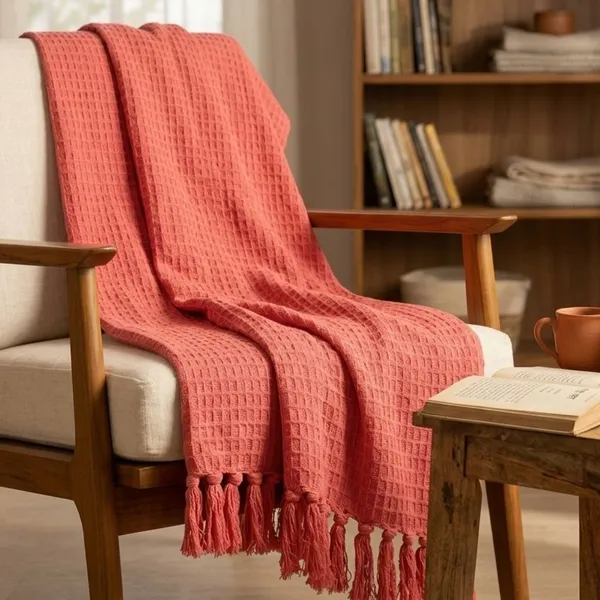 Orevah_Pure_Cotton_Waffle_Knit_Throw_Blanket_with_Tassels_|_Soft_Pink_Sofa_&_Bed_Throw_|_60_x_50_Inches