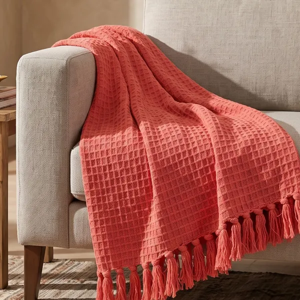 Orevah_Pure_Cotton_Waffle_Knit_Throw_Blanket_with_Tassels_|_Soft_Pink_Sofa_&_Bed_Throw_|_60_x_50_Inches