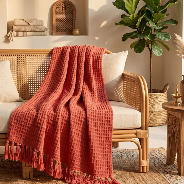 Orevah_Pure_Cotton_Waffle_Knit_Throw_Blanket_with_Tassels_|_Soft_Pink_Sofa_&_Bed_Throw_|_60_x_50_Inches