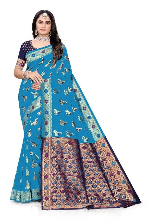 Firozi_Soft_Silk_Banarasi_Sarees_With_Rich_Pallu_Blouse