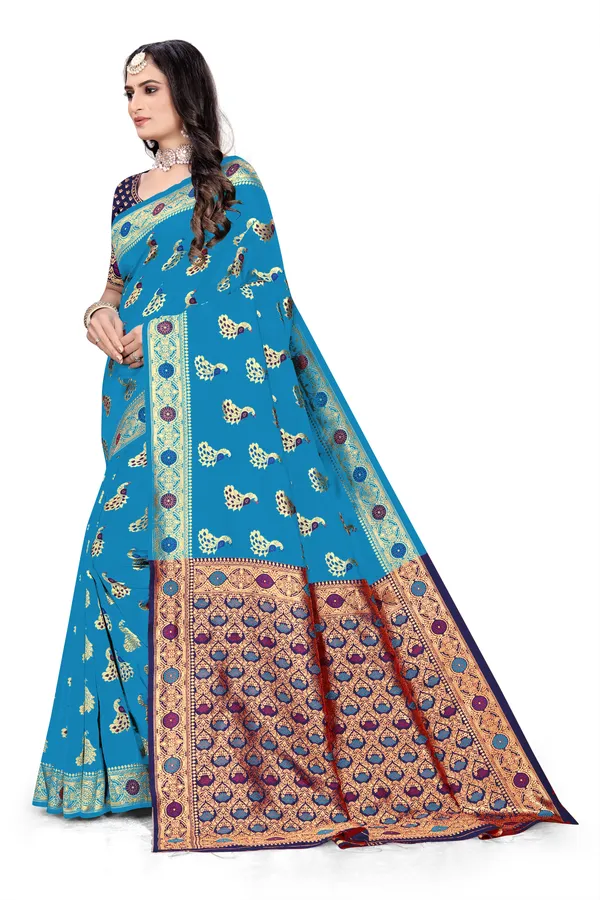 Firozi_Soft_Silk_Banarasi_Sarees_With_Rich_Pallu_Blouse