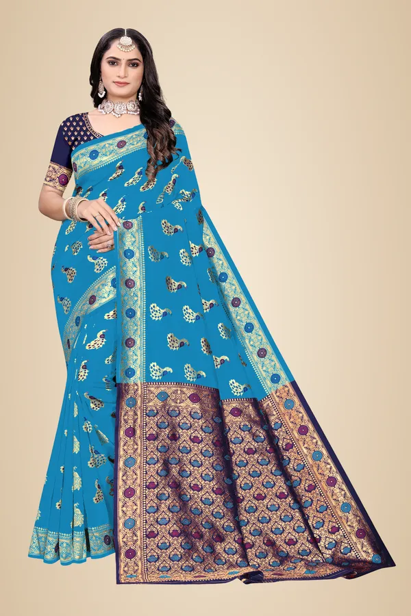 Firozi_Soft_Silk_Banarasi_Sarees_With_Rich_Pallu_Blouse