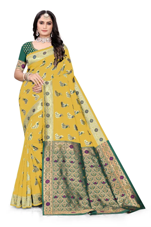 Gold_Soft_Silk_Banarasi_Sarees_With_Rich_Pallu_Blouse