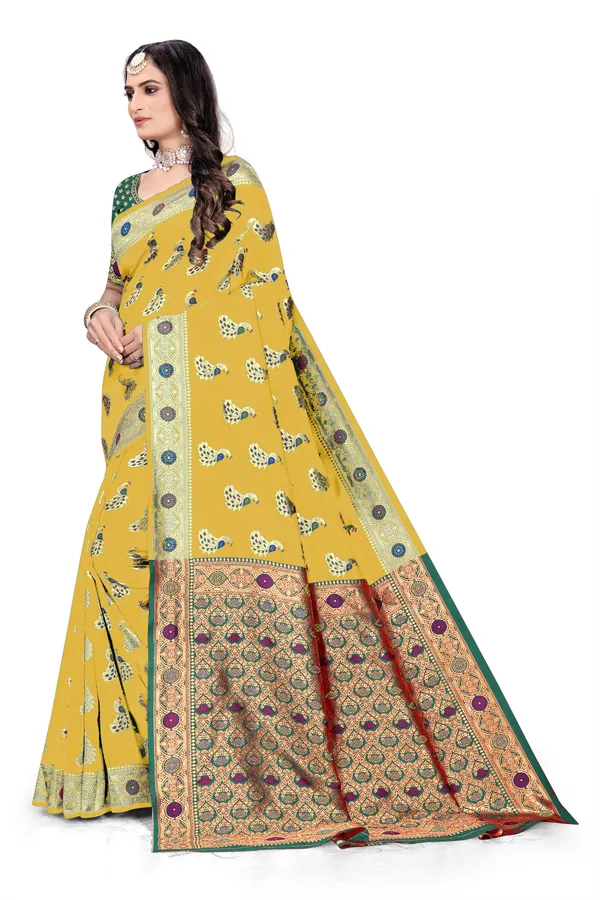 Gold_Soft_Silk_Banarasi_Sarees_With_Rich_Pallu_Blouse