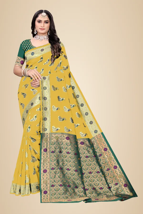 Gold_Soft_Silk_Banarasi_Sarees_With_Rich_Pallu_Blouse