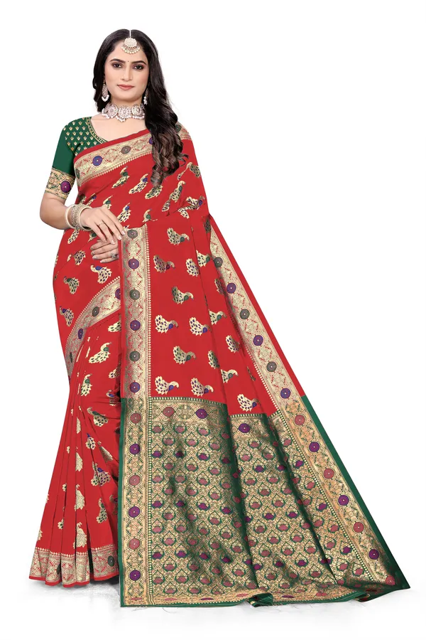 Red_Soft_Silk_Banarasi_Sarees_With_Rich_Pallu_Blouse